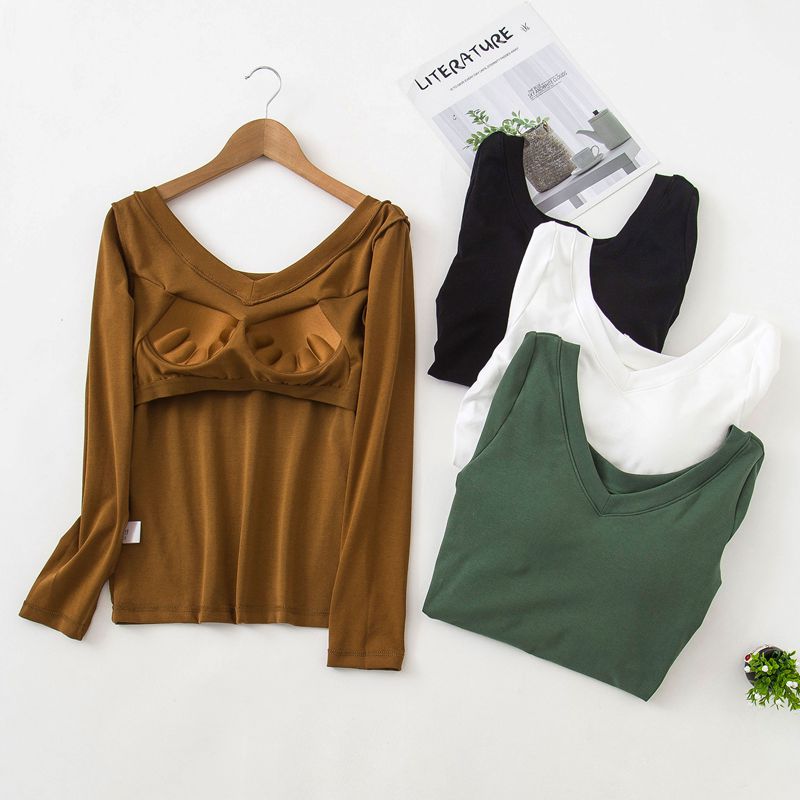 New pure cotton with chest pad T-shirt cup integrated V-neck low-neck open back long-sleeved long-sleeved autumn clothes tops slim bottoming shirts