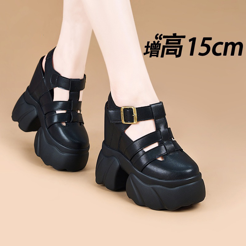 Genuine Leather 15cm Inner Heightening Sports Sandals for Women Summer 2025 New Baotou Cut Out Platform Thick-Soled Wedge Roman Shoes