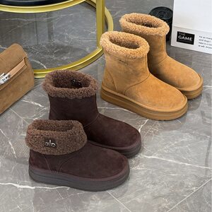 Lamb Wool Fashionable Genuine Leather Snow Boots for Women 2025 Winter New Korean Style Versatile Thick-Soled Fleece-Lined Warm Short Boots