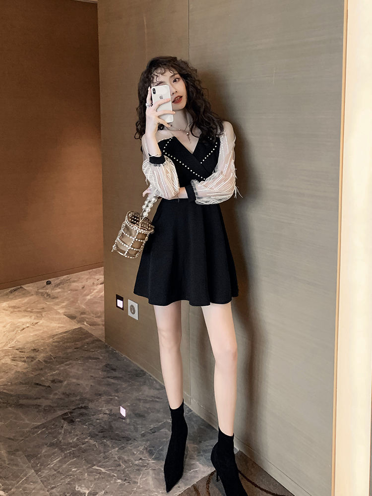 VK旗艦店 韓國風刺繡蕾絲羽毛釘珠西服領長袖洋裝