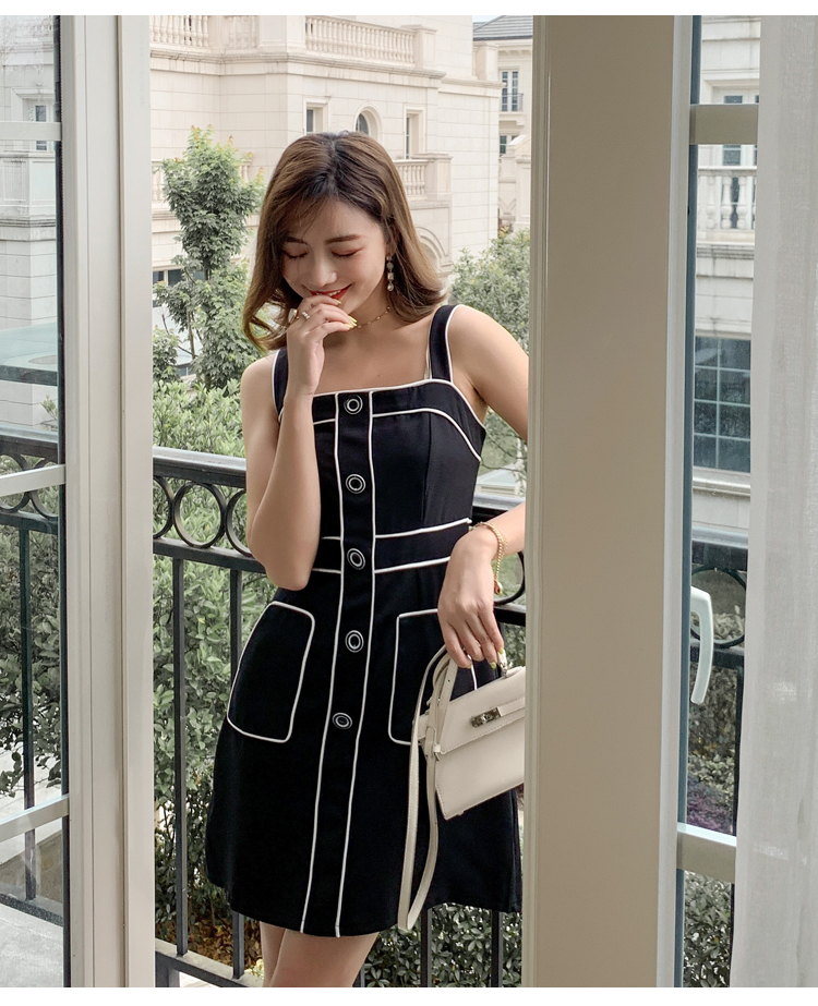 VK旗艦店 韓系氣質拼色線條排扣背帶淑女無袖洋裝