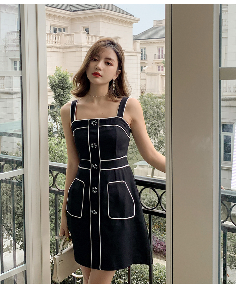 VK旗艦店 韓系氣質拼色線條排扣背帶淑女無袖洋裝