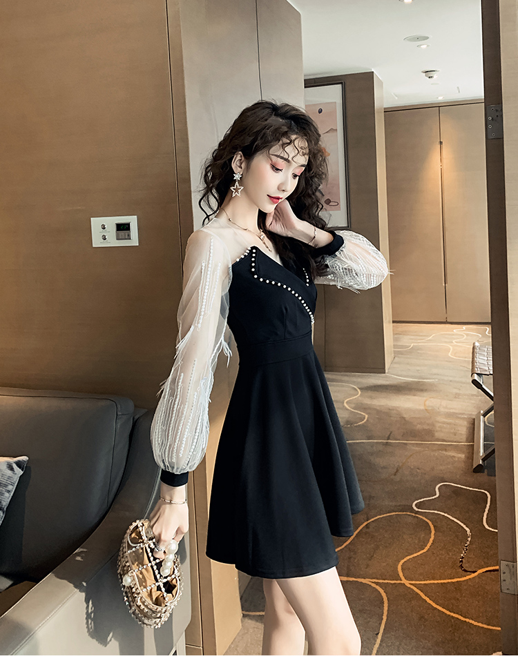 VK旗艦店 韓國風刺繡蕾絲羽毛釘珠西服領長袖洋裝