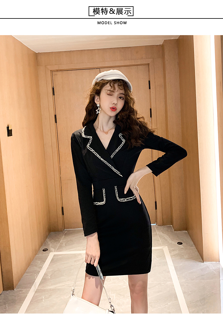 VK旗艦店 韓系修身優雅西服領黑色氣質顯瘦長袖洋裝