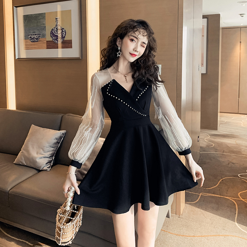 VK旗艦店 韓國風刺繡蕾絲羽毛釘珠西服領長袖洋裝