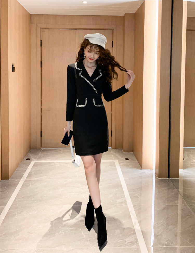 VK旗艦店 韓系修身優雅西服領黑色氣質顯瘦長袖洋裝