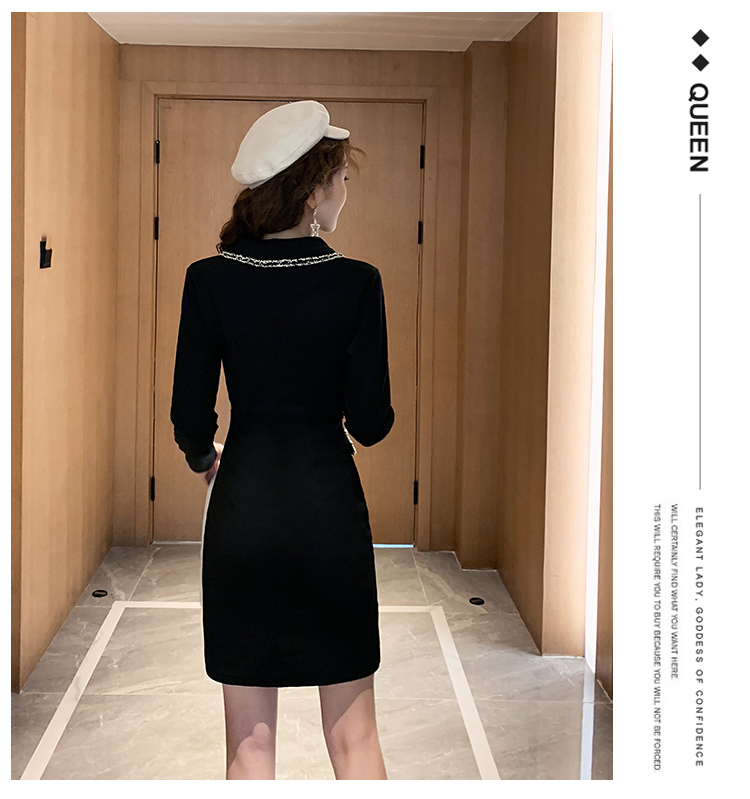 VK旗艦店 韓系修身優雅西服領黑色氣質顯瘦長袖洋裝