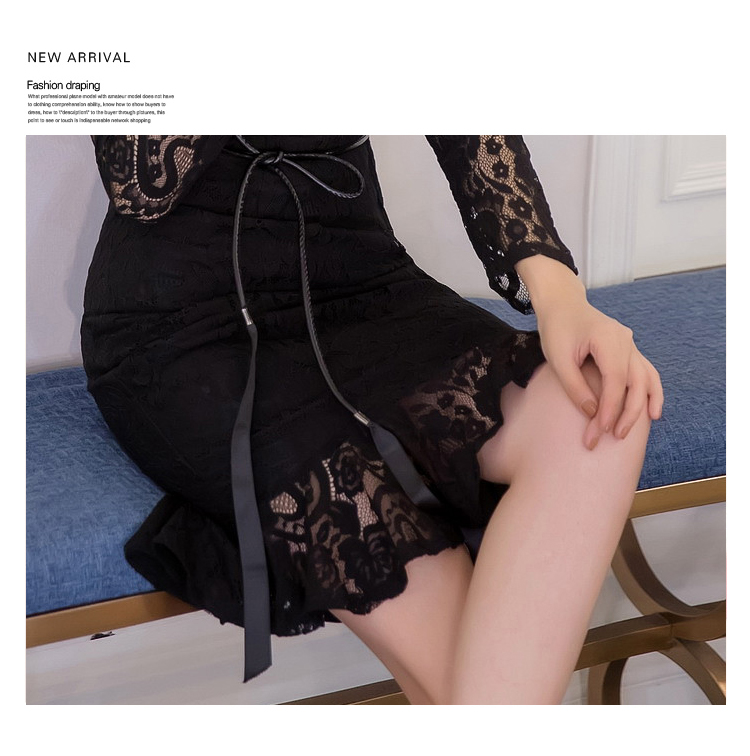 VK旗艦店 韓系顯瘦魚尾蕾絲修身優雅配腰帶長袖洋裝