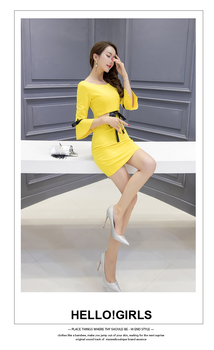 VK旗艦店 韓系名媛露腰喇叭袖修身顯瘦包臀長袖洋裝