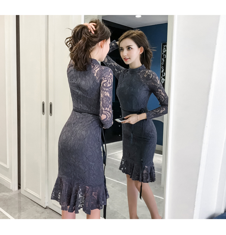 VK旗艦店 韓系顯瘦魚尾蕾絲修身優雅配腰帶長袖洋裝