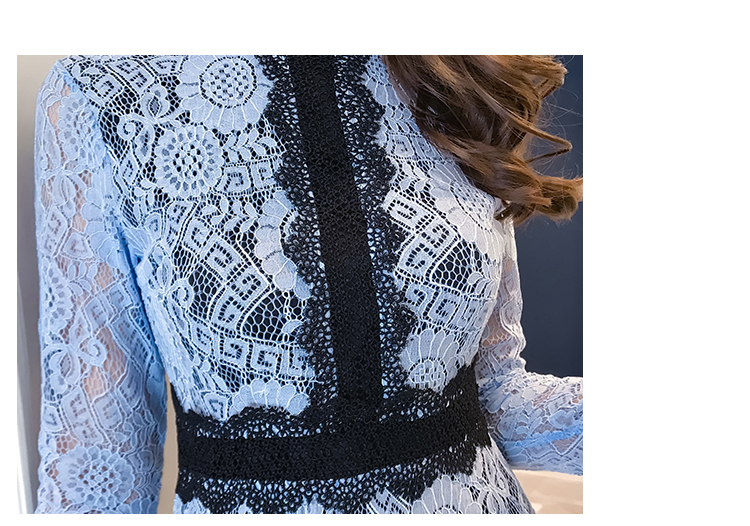 VK旗艦店 韓國風名媛鉤花蕾絲顯瘦氣質長袖洋裝