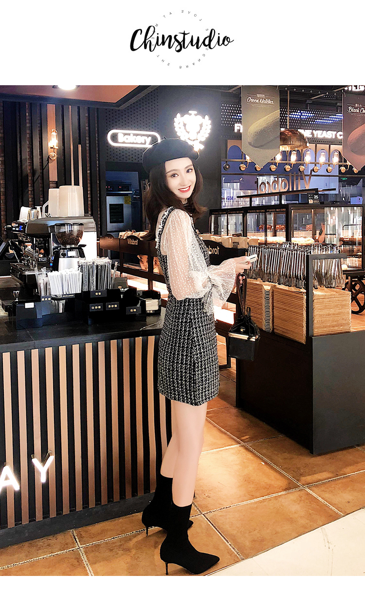 VK旗艦店 韓國風蕾絲燈籠袖小香風呢子套裝長袖裙裝