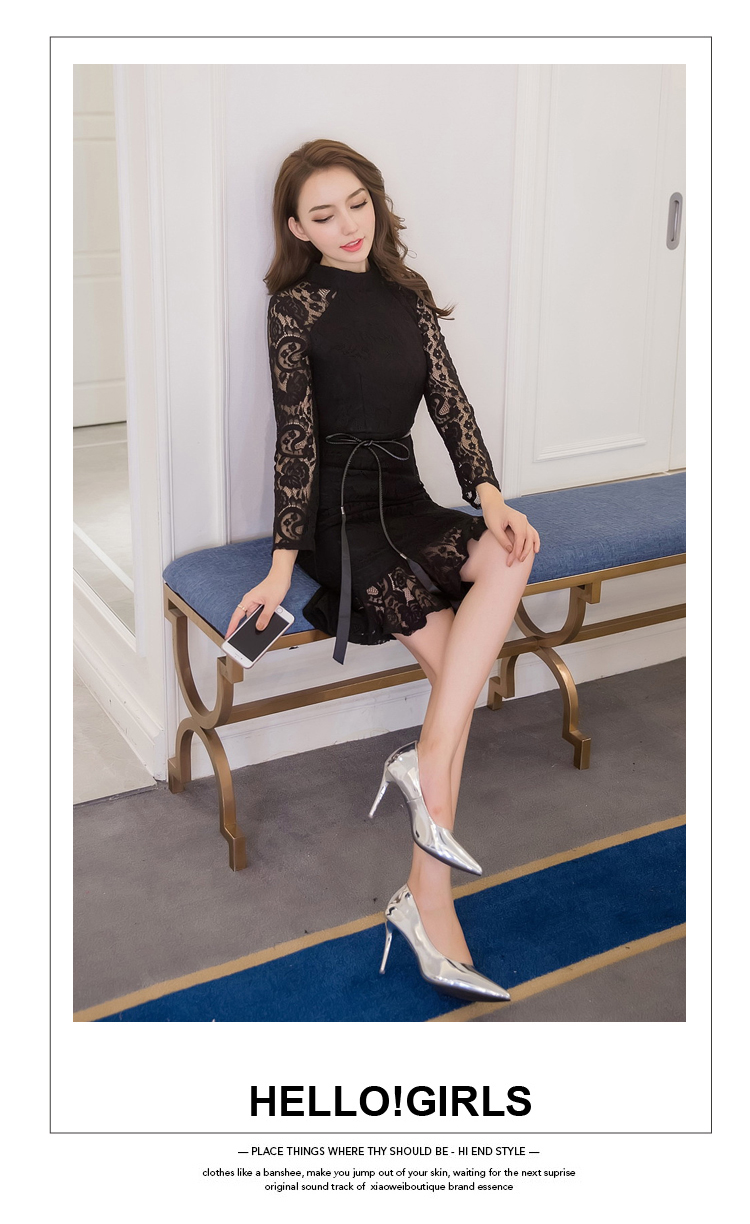 VK旗艦店 韓系顯瘦魚尾蕾絲修身優雅配腰帶長袖洋裝