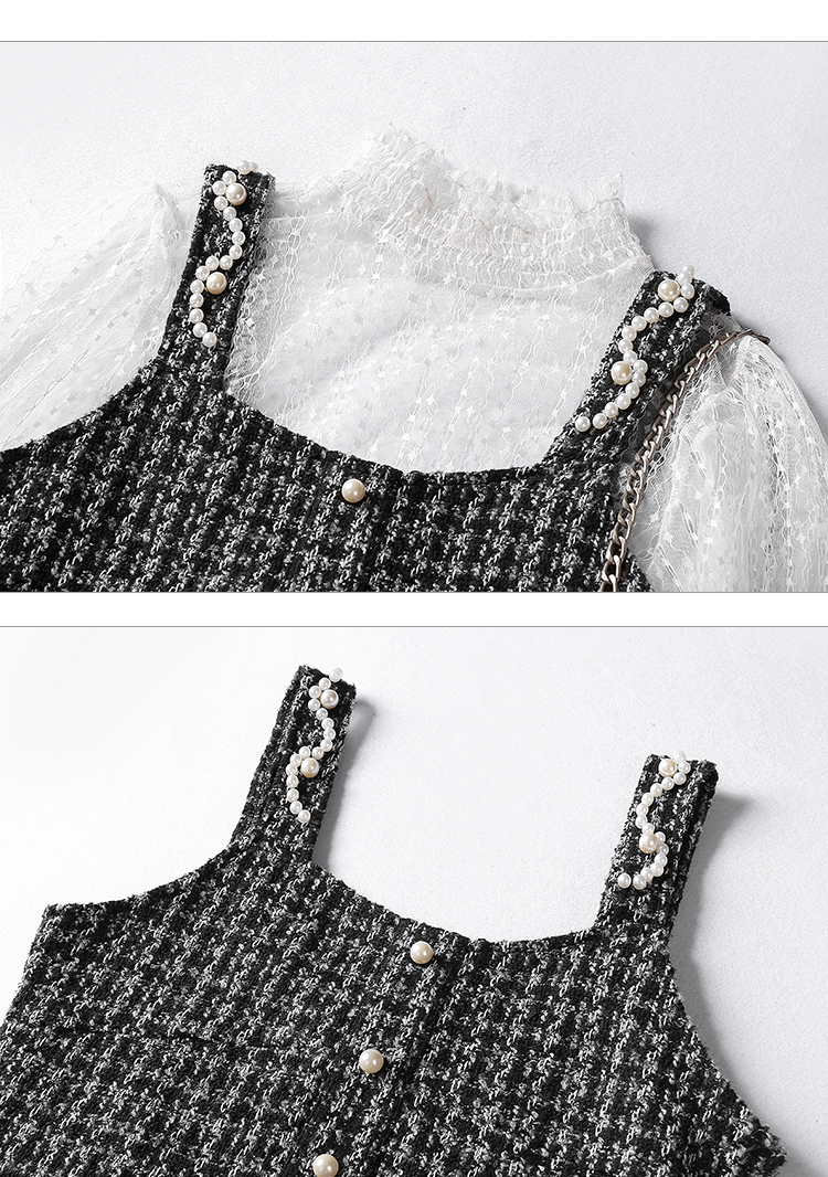 VK旗艦店 韓國風蕾絲燈籠袖小香風呢子套裝長袖裙裝