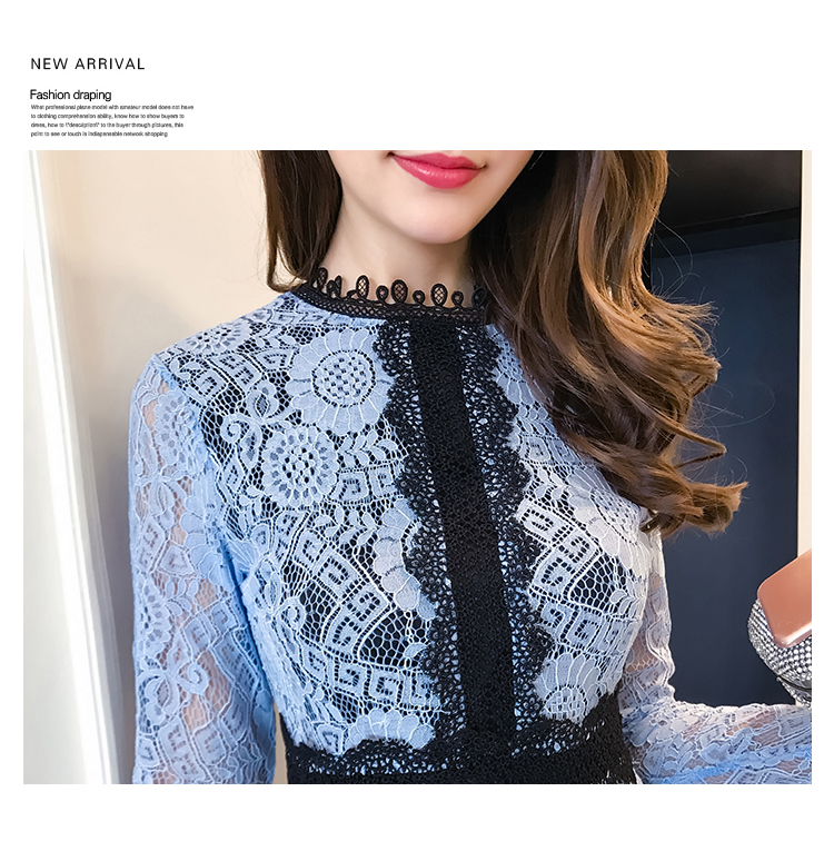 VK旗艦店 韓國風名媛鉤花蕾絲顯瘦氣質長袖洋裝