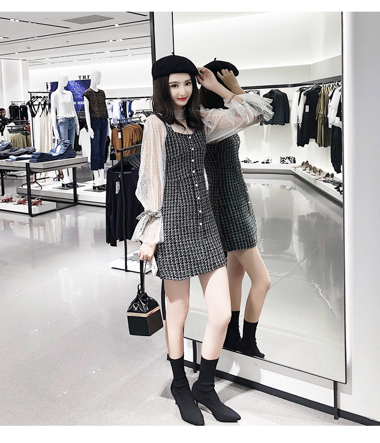 VK旗艦店 韓國風蕾絲燈籠袖小香風呢子套裝長袖裙裝