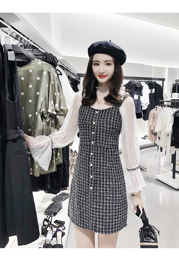 VK旗艦店 韓國風蕾絲燈籠袖小香風呢子套裝長袖裙裝