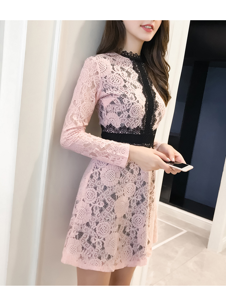 VK旗艦店 韓國風名媛鉤花蕾絲顯瘦氣質長袖洋裝