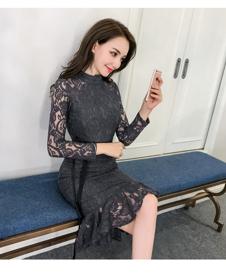 VK旗艦店 韓系顯瘦魚尾蕾絲修身優雅配腰帶長袖洋裝