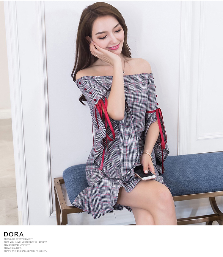 VK旗艦店 韓系一字領喇叭袖格紋魚尾裙套裝長袖裙裝