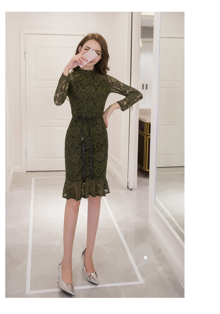 VK旗艦店 韓系顯瘦魚尾蕾絲修身優雅配腰帶長袖洋裝