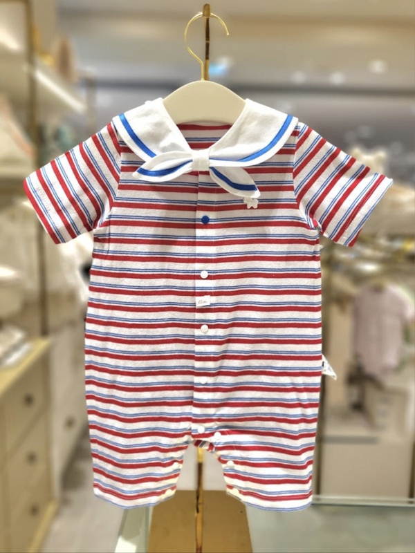 Korean Children's Clothing 26 Summer Style Baby Boy Navy Striped Short-Sleeve Romper with Detachable Collar Jumpsuit Crawling Suit
