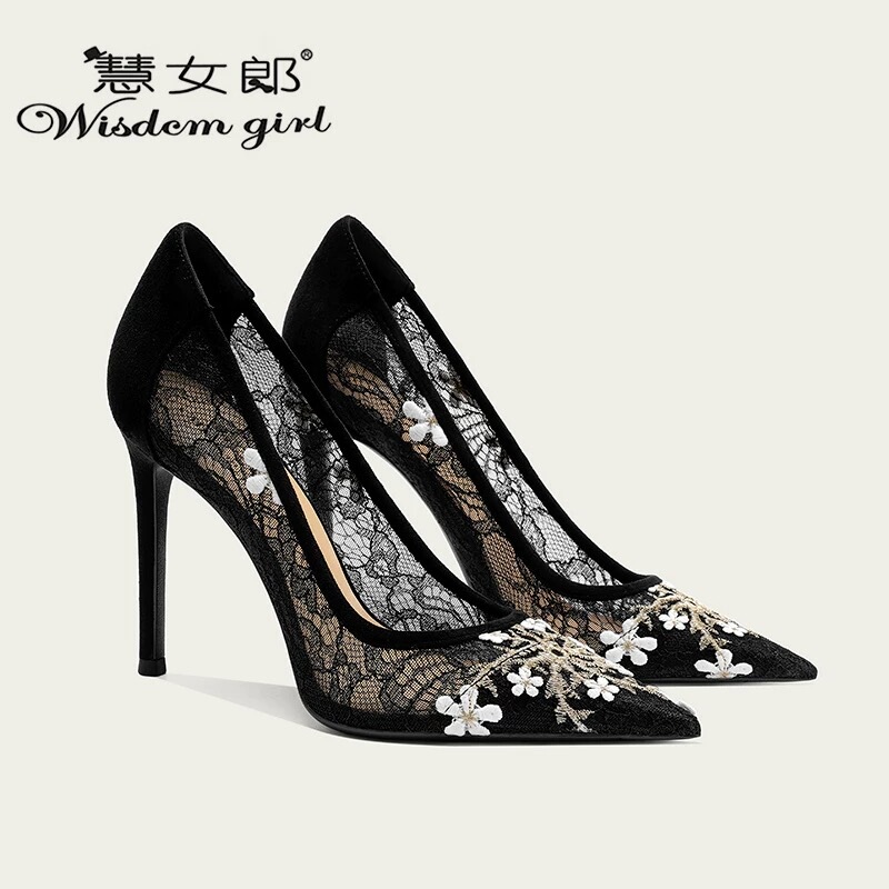 High-End Light Luxury Embroidered Lace Mesh Black Fresh Style Bridesmaid Shoes with Pointed Toe and Thin Heels for Women