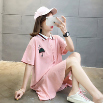 Pregnancy Woman Dress 2022 Women Xia Han Edition Polo Outside Wearing Big Code Loose Short Sleeve Cotton Material Pregnant pregnant woman T-shirt Skirt Tide