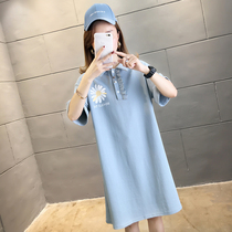 Gestational Maternity 2022 Women Summer Korean version Turned Polo Big Code Loose t-shirt dress with long small daisy printed even dress