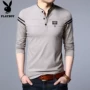 Playboy mùa đông cotton mỏng cộng với nhung dày áo thun dài tay nam cổ áo sơ mi chạm đáy áo trẻ trung nam áo thun có cổ