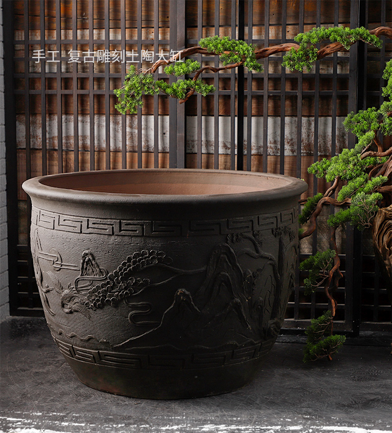 Jingdezhen earthenware coarse pottery ancient ceramic VAT aquarium fish turtle water lily cylinder engraving tank a goldfish bowl