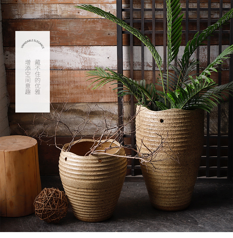 Retro coarse pottery flowerpot planting green plant pot art garden decorative dried flowers place jingdezhen hand basin