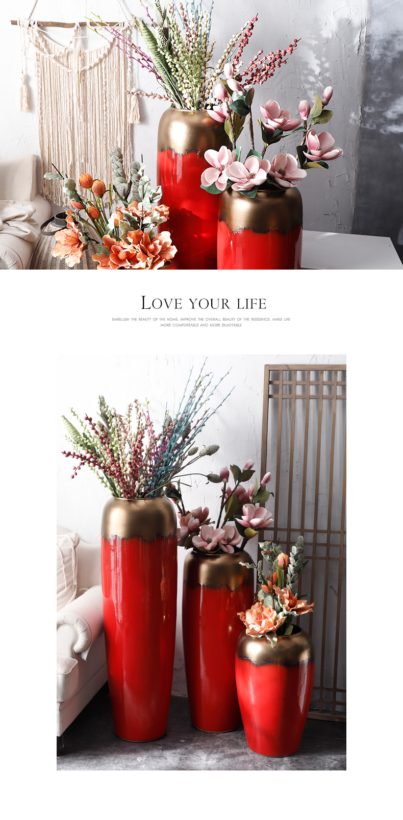 Ceramic vase simulation flower adornment big red wedding festival furnishing articles flower arrangement sitting room ground large porcelain decoration