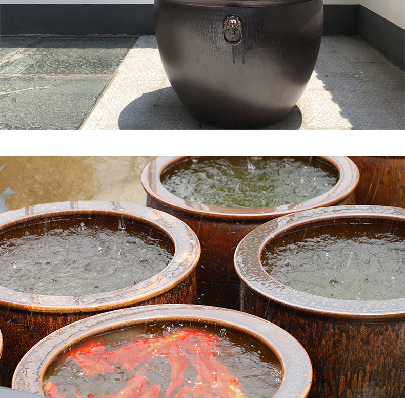 Large size extra Large sitting room goldfish bowl jingdezhen ceramic earthenware VAT black pottery tortoise water lily cylinder