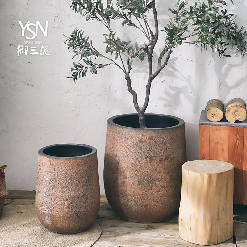 Royal three mud coarse pottery modern Nordic flowerpot retro red pottery glaze green plant grown large vase basin decorative furnishing articles