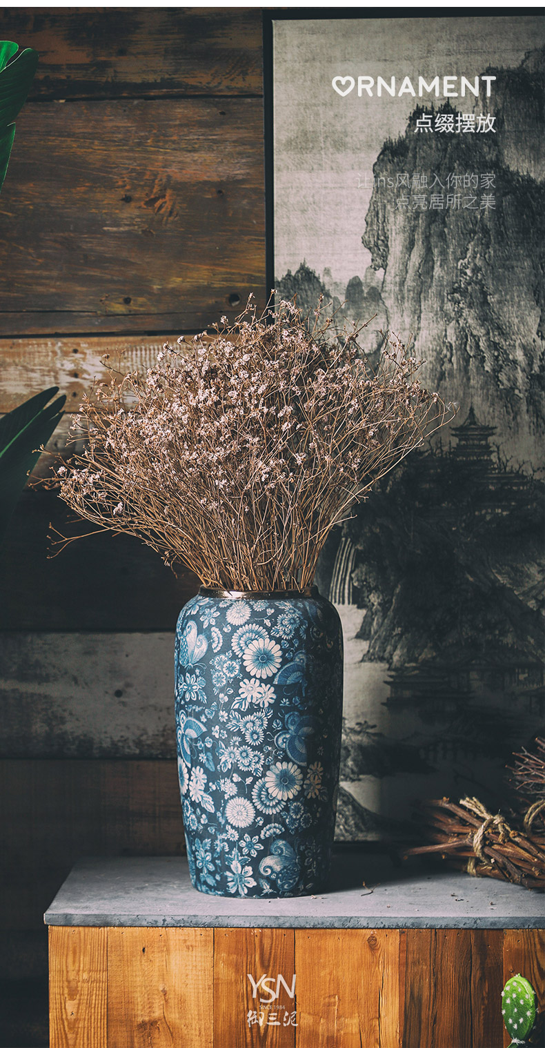 Flower arrangement sitting room place the dried zen three mud jingdezhen ceramic Flower light of new Chinese style key-2 luxury royal blue and white porcelain vase