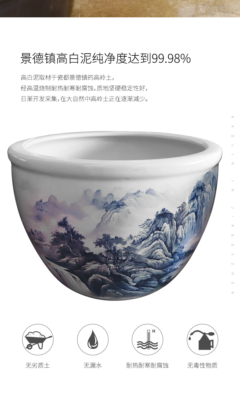 Heavy jingdezhen ceramic cylinder large aquarium lotus pond lily Chinese blue and white landscape ceramic cylinder cornucopia sitting room