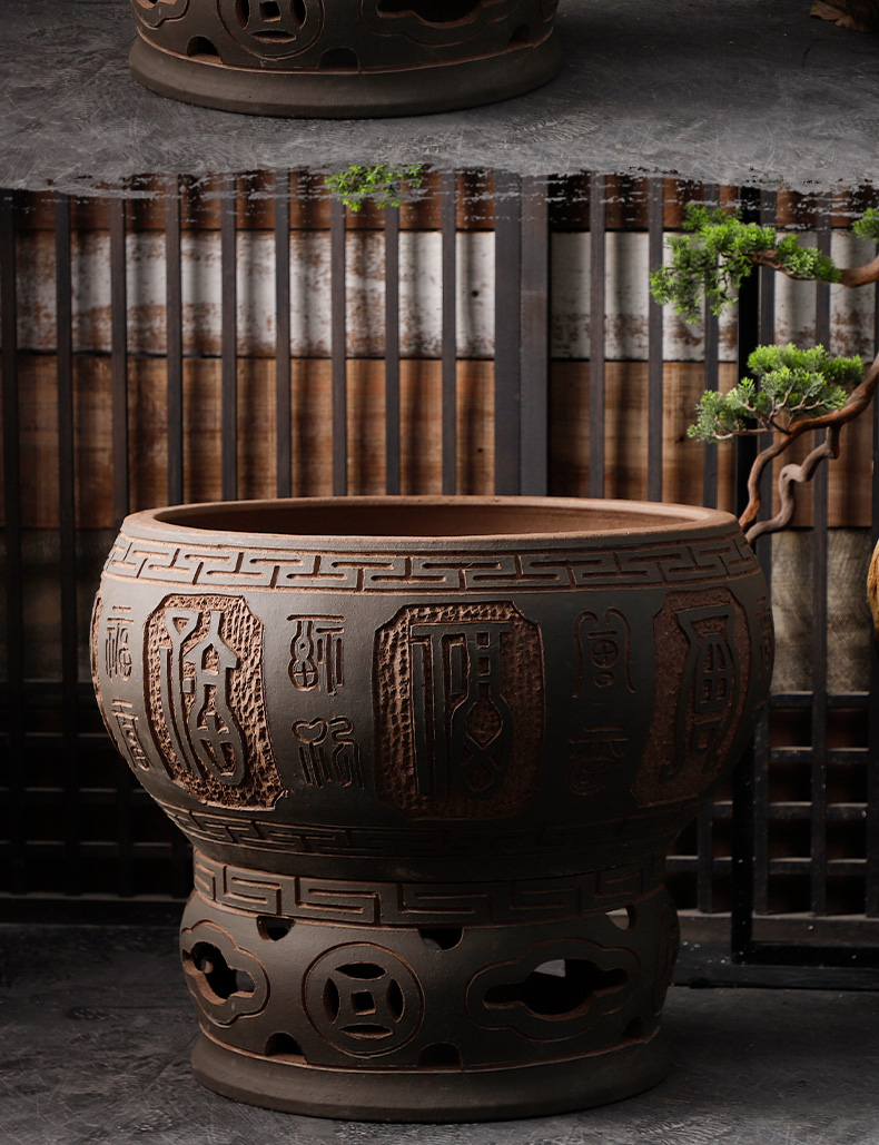 Jingdezhen earthenware coarse pottery ancient ceramic VAT aquarium fish turtle water lily cylinder engraving tank a goldfish bowl