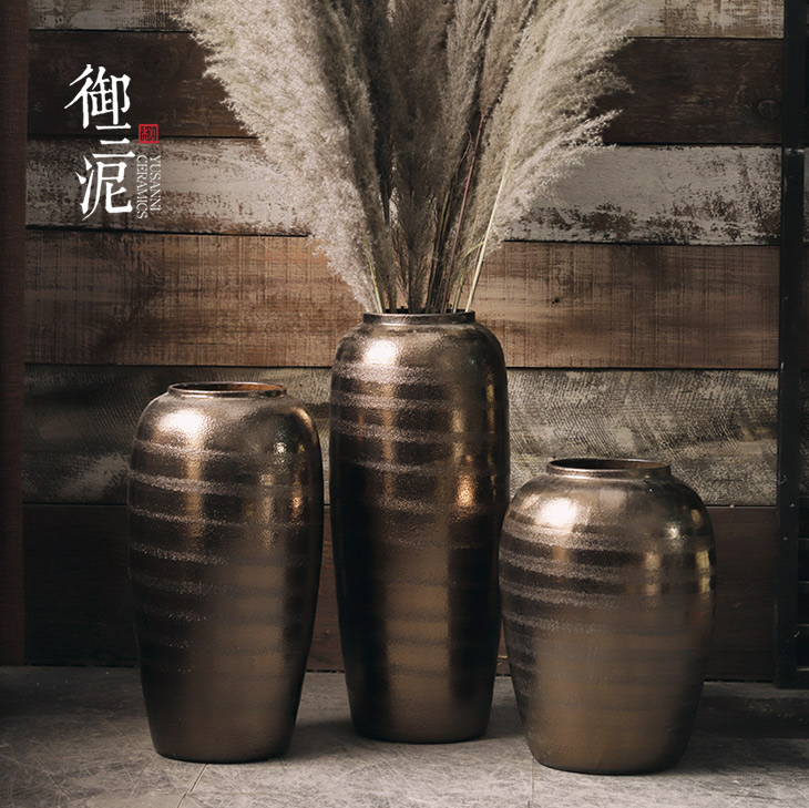 Dry flower vase ceramic retro handmade floor vase pottery pot jar flower home decoration living room flower arrangement