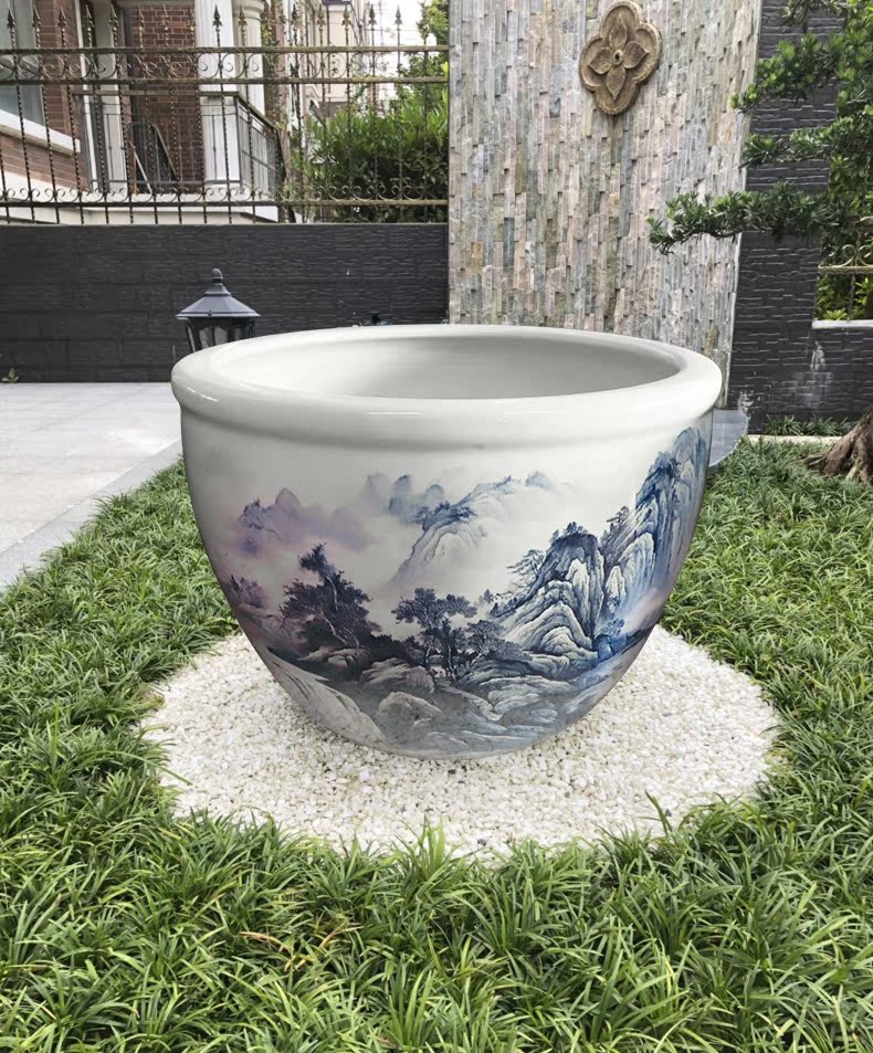 Heavy jingdezhen ceramic cylinder large aquarium lotus pond lily Chinese blue and white landscape ceramic cylinder cornucopia sitting room