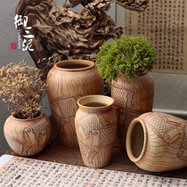 Hand-carved pottery pot pastoral succulent plant potted flower pot vase cornstone dried flower arrangement ornament