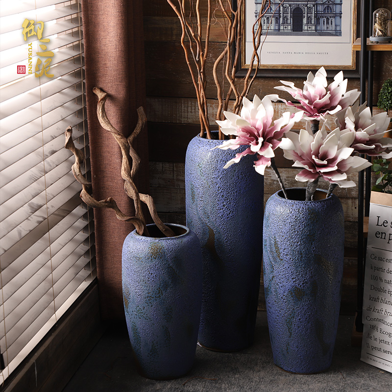 Retro coarse pottery vase landing blue ceramic dried flower arranging flowers furnishing articles POTS to I and contracted sitting room window decoration