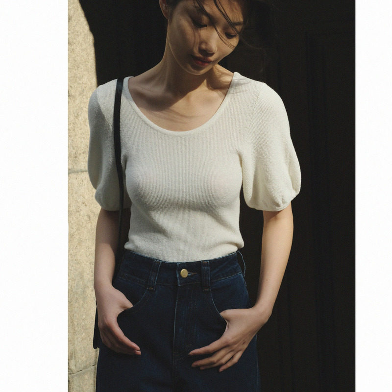 RUISHI Regal Cool Circle Yarn Moisture Absorption U Collar Elegant Bubble Cuff Knit Short Sleeve T-shirt Woman Blouse E L