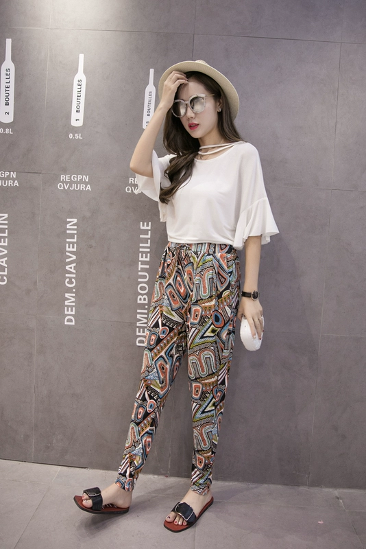 Mùa hè retro sữa lụa boho bãi biển quần harem quần của phụ nữ quần rộng kích thước lớn hoa quần quần chân - Khởi động cắt
