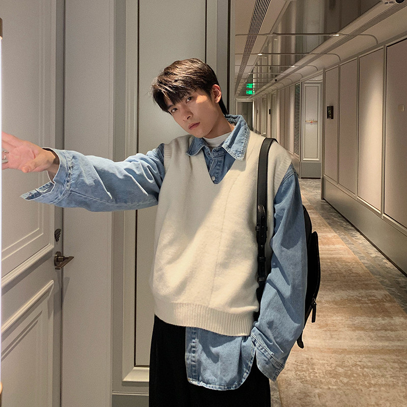 Hualun Spring and Autumn Campus Wind Knitted Vest Men Lazy Pure Color ins Tide Man Stored to Wear Outside Sweater Vest