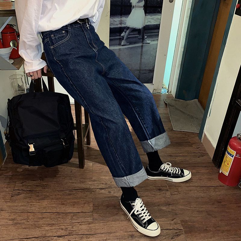 Hualun homemade dark blue jeans men's fall/winter fashion loose straight leg trousers ifashion men's pants