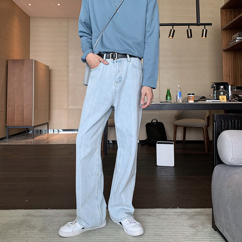 Hualun autumn washed old light-colored denim mop pants straight leg loose daddy pants male net red casual long pants