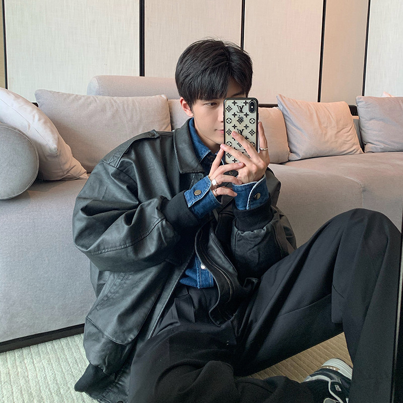 Hualun Loose Retro Lapel Leather Jacket Men's Fried Street Jacket High-end Fan Self-retained Black Pilot Leather Clothes Trend