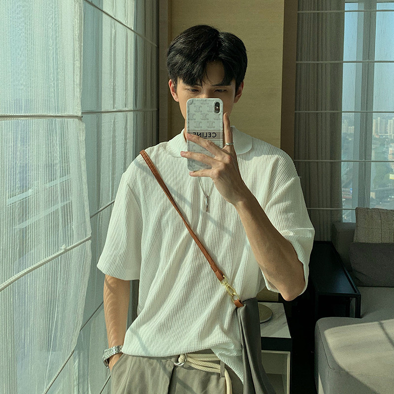 Hualun summer led non-perm polo shirt men short sleeves loose simple versatile literary small fresh lapel T-shirt