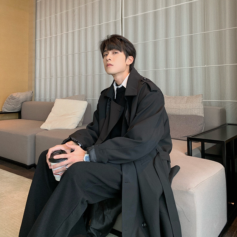 Hualun autumn and winter suit collar double-breasted windbreaker jacket men's mid-length loose trendy Korean version over-the-knee coat